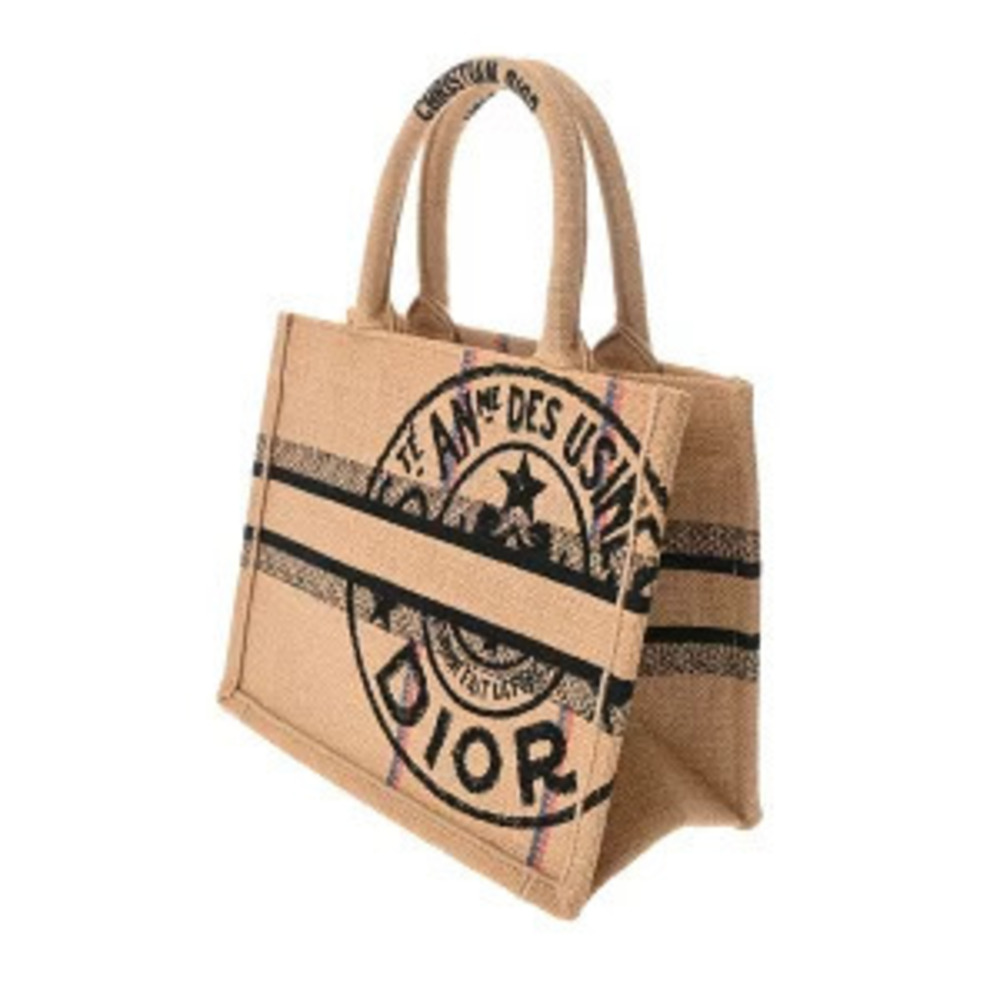 Dior  Book Tote Canvas Bag Cream Beige Christian Black Jute Tan Black